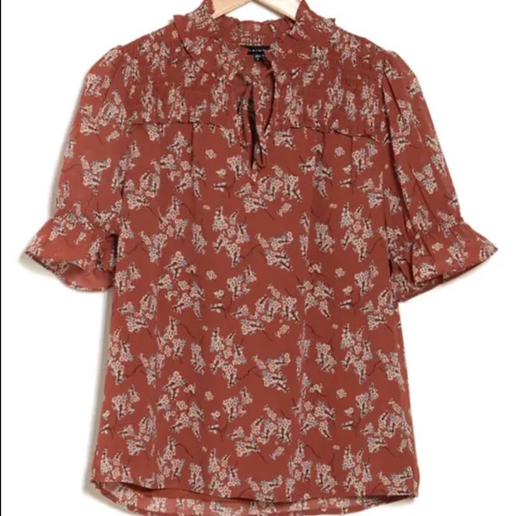 Pleione floral tie neck rust cherry blossom blouse Xs women work Victorian new - Picture 2 of 2